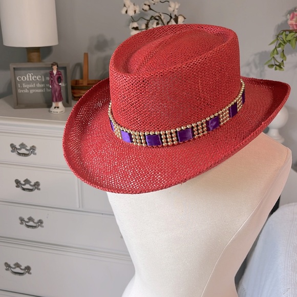 Something Special Red Straw Hat Sun Beaded Gold Purple Womens - Picture 8 of 10